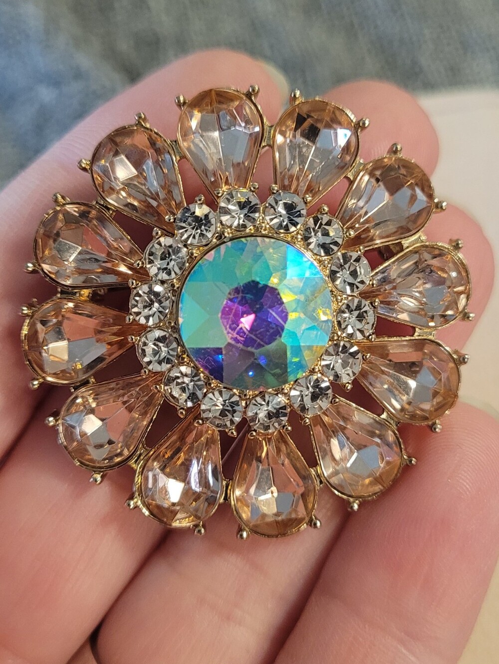 Vintage AB Rhinestone Flower Brooch Blush Pink Champagne Statement Pin